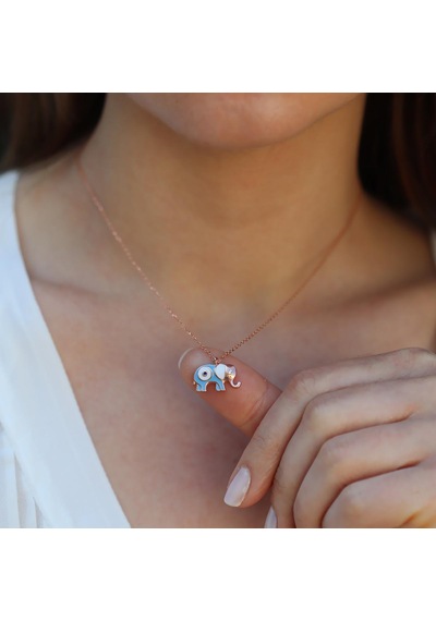 Açık Mavi Mine İşli Rose Gold Kaplama Bereket Fili Gümüş Kolye Gümüş