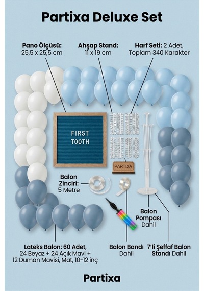 Diş Buğdayı Erkek Bebek Süsleme Deluxe Set Mavi Keçe Yazı Panosu Standlı Balon Zincirli 7li Şeffaf Balon Standlı İlk Dişim Parti Seti 1 - 12 Yaş