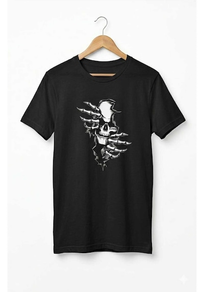 Erkek Pamuklu Rahat Kalıp Kurukafa Baskılı T-shirt Siyah