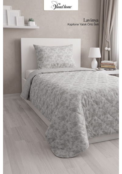 Lavinya Kapitone Tek Kişilik Yatak Örtüsü, Pike Seti, Çift Taraflı Kullanım, Çiçek Desenli 1 Adet Yastık Kılıfı , 160x220 Cm Gri