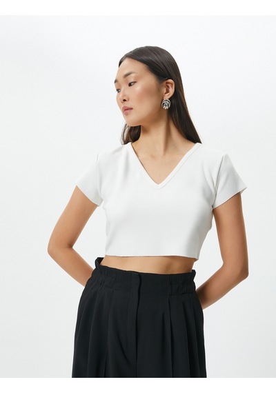 Koton Crop Tişört Kısa Kollu V Yaka Ekru 4sak50231ek 4SAK50231EK010 Ekru