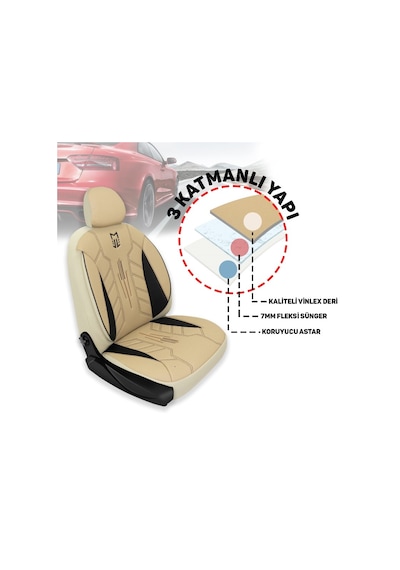 Minderland Fa Serisi - Ford Tourneo Courier İle Uyumlu Koltuk Kılıfı, Deri / Bej