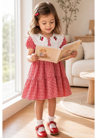 Nota Kids Kız Çocuk Kırmızı Ekose Desenli Kiraz Nakışlı Bebek Yaka Pamuklu Yazlık Elbise Nota Kids Kız Çocuk Kırmızı Ekose Desenli Kiraz Nakışlı Bebek Yaka Pamuklu Yazlık Elbise