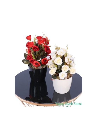 Yapay Çiçek Sitesi Plastik Saksıda Yapay Çalı Gülü Tanzimi 2'li Set 30 Cm Kırmızı - Krem Beyaz