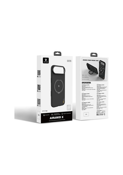Apple Uyumlu iPhone 17 Air  Kılıf M-safe Şarj Özellikli Metal Standlı Lenyes Ck225 Kevlar Kapak Siyah Siyah