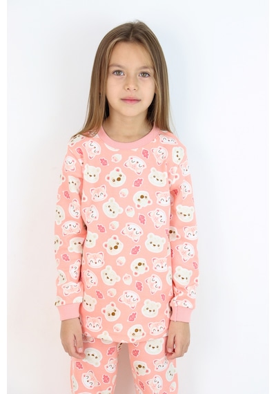 Kız Çocuk Orta Kalınlıkta Basic Baskılı Pijama Takımı Somon