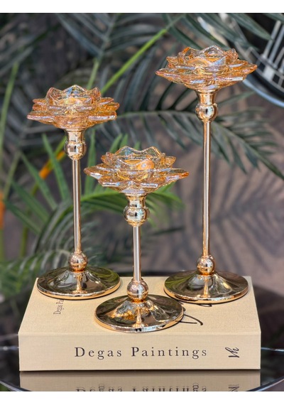 Chacha Home 3'lü Metal Ayaklı Lotus Kristal Cam Şamdan Mumluk Seti 29 Cm - 24 Cm - 19 Cm - Dekoratif Nilüfer Çiçeği Mum Standı Gold