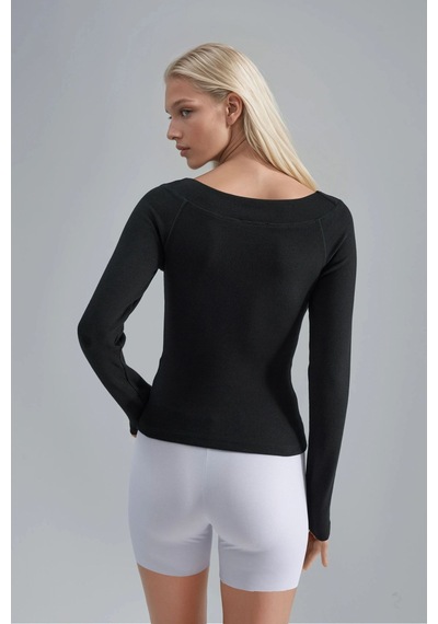 Hiccup Busem Slim Fit Fitilli Kayık Yaka Bluz Siyah