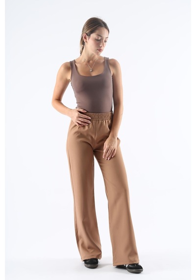 Dokuma Camel Geniş Paça Beli Lastikli Basic Uzun Kadın Pantolon Sh191 S