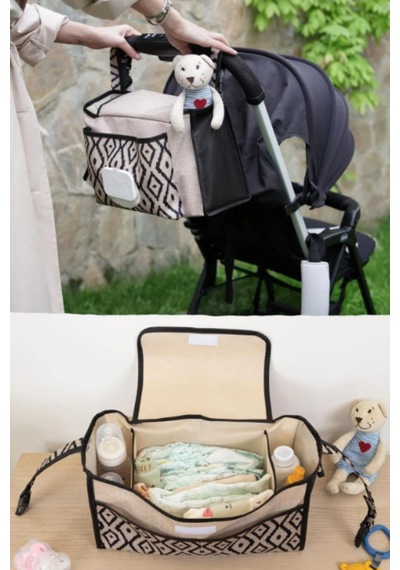 Bebek Arabası Çantası Organizer Anne Bebek Bakım Çantası Puset Düzenleyici Çanta Stroller Bag Kahverengi - Siyah