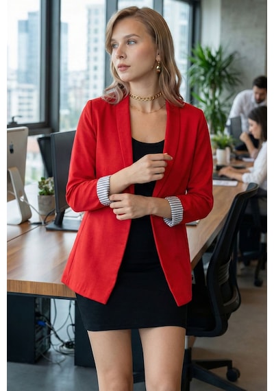 Armonika Kadın Kırmızı Kol İçi Çizgili Tek Düğmeli Ceket Arm-22k001122