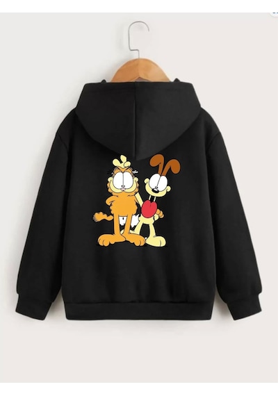 Çocuk Unisex Kapüşonlu Ön Ve Arka Garfield Baskılı Sweatshirt - Siyah