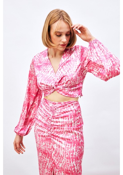 Sateen Düğüm Detaylı Desenli Bluz - Pembe
