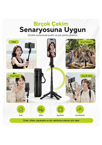 Bluetooth 5.2 Selfie Çubuğu Ve Tripod 47,5 Cm Teleskopik Uzaktan Kumandalı