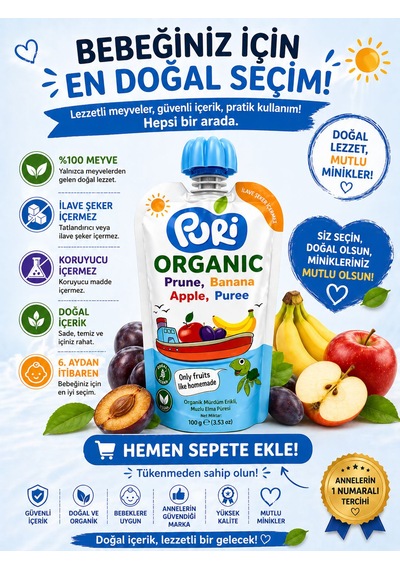 Organic %100 Organik Meyve Püresi Mürdüm Erik Muz Elma 100 G İlave Şekersiz