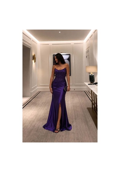 DefyModa Kadın Trend Straplez Yırtmaçlı Abiye Elbise Mor