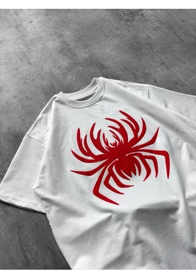 Defymoda Erkek Örümcek Baskılı Tişört Kısa Kollu Bisiklet Yaka T-shirt - Beyaz