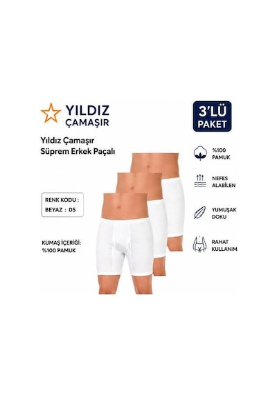 Yıldız Çamaşır Erkek Süprem Erkek Paçalı Boxer 05-140-141 - 3 Adet Beyaz