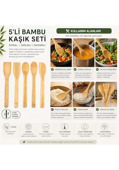 5 Parça Bambu Mutfak Kaşık Seti %100 Doğal, Çizilmeye Karşı Korumalı, Isıya Dayanıklı, Hafif, Ergonomik, T