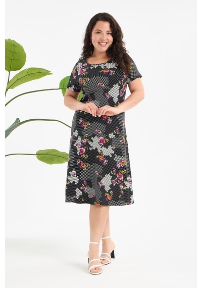 Madwilo Kadın Siyah Beyaz Floral Petek Desen Büyük Beden Esnek Midi Elbise
