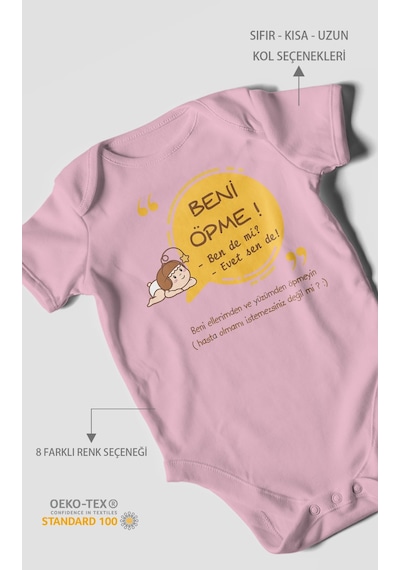 Beni Öpme Bende Mi Evet Sende Baskılı Bebek Zıbını Çıtçıtlı Body %100 Pamuk Kısa Kol Koyu Pembe
