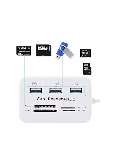 3 Port 2.0 Usb Çoklayıcı Hub + 4 Slot Kart Okuyucu, 45 Cm Kablo