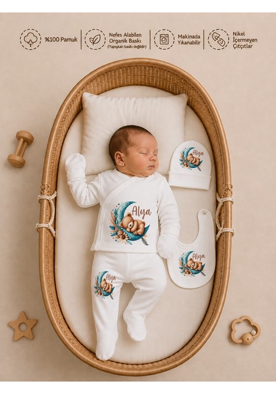Pia Baby Kız Bebek Hastane Çıkışı 12 Parça %100 Pamuk İsme Özel Organik Baskılı Kese Hediyeli 101211k3x Ekru