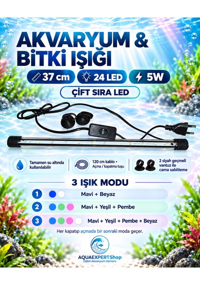 Akvaryum Işığı - Balık Işığı - Bitki Işığı - 37 Cm - 24 Led - Tamamen Su İçinde Kullanılabilir - 3 Modlu - 5w - Mükemmel Işık