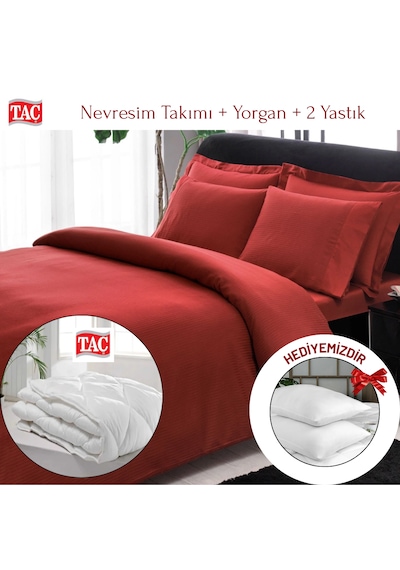 Taç Çift Kişilik Premium Basic Stripe Saten Nevresim Takımı Yorgan Yastık Kırmızı