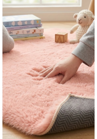 Yüksek Kalite Ekstra Yumuşak Kaymaz Özel Tabanlı Tavşan Peluş Halı Pembe