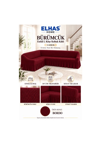 Bürümcük Kumaş 5 Kişilik Etekli L Köşe Koltuk Kılıfı Bordo - 934819522 Bordo