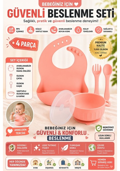 Silikon Beslenme Seti, Vakumlu Kapaklı Mama Kasesi, Silikon Önlük, Silikon Kaşık Ve Çatal / Pembe