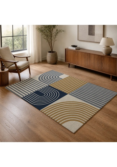Kartela Halı Retro Çizgili Patchwork Halı Lacivert Kaymaz Taban Makinede Yıkanabilir 120x180 Cm