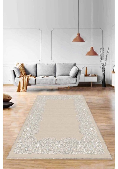 Bej Çerçeveli Kaymaz Tabanlı Makinede Yıkanabilir Halı Mk55n11