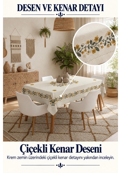 Vivanni Home Yıkanabilir Dikdörtgen Masa Örtüsü Günlük Kullanıma Uygun Pratik Ve Uzun Ömürlü Papatya Beyaz