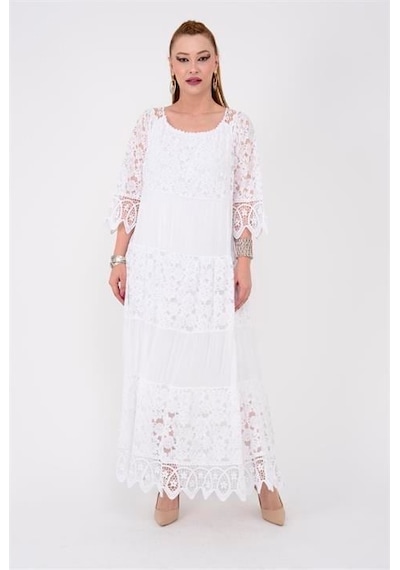 Eren Style İtalyan Sunshine İpek Detaylı Dantelli Elbise-9033 Beyaz