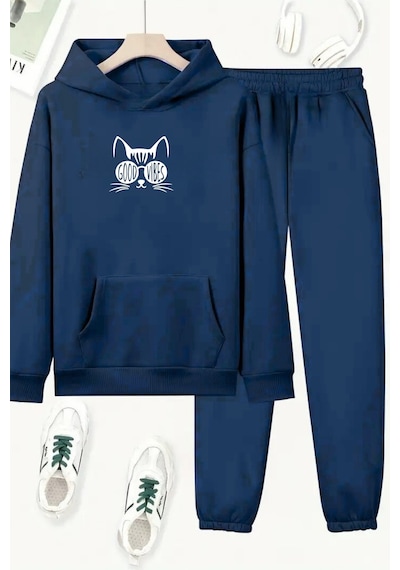 Unisex Lacivert Good Vibes Cat Baskılı Eşofman Kapüşon- Kışlık Şardonlu Kumaş Lacivert Unisex Lacivert Good Vibes Cat Baskılı Eşofman Kapüşon- Kışlık Şardonlu Kumaş Lacivert