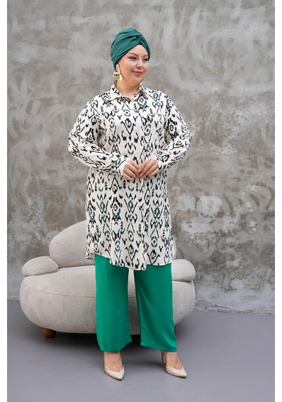 Polologin Butik Krem Rengi Motifli Uzun Tunik Krem