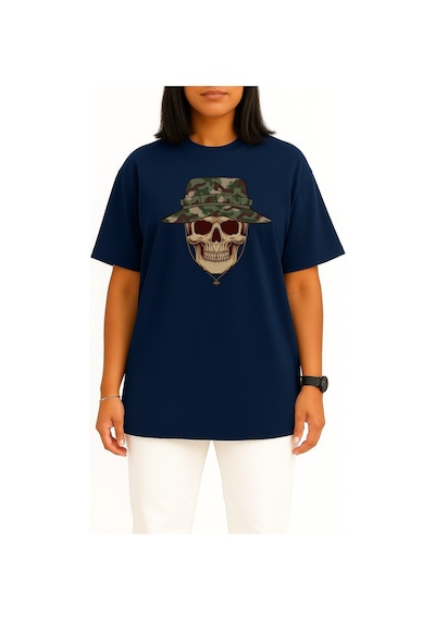 Bahriyeli Collection Oversize Kuru Kafa Asker Ve Kamuflaj Şapka Göğüs Tasarımlı Unisex T-shirt Lacivert