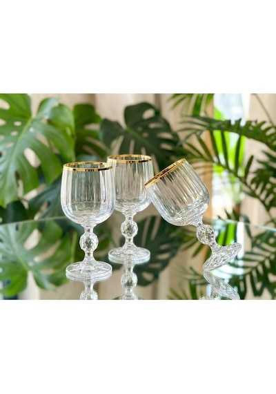Alfafe Home Bohemia Kristal Optik Kadeh Seti 6 Lı Gerçek Altın Yaldız Ağızlı Şık Cam Kadeh Altın