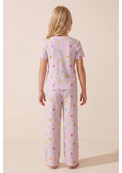 Siyah İnci Pamuklu Fitilli Kaşkorse Örme Pijama Takım 26120402 Lila Renkli Çiçek