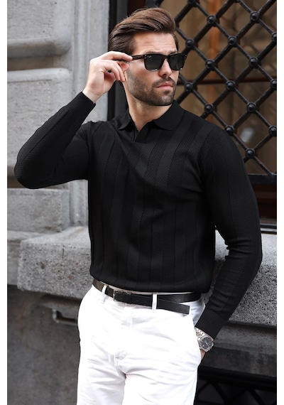 Madmext Siyah Regular Fit Polo Yaka Triko Erkek Kazak E7509
