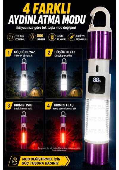 Şarjlı Kamp Feneri Usb Type-c 500 Lümen Dijital Pil Göstergeli Led El Feneri Zoomlu Kamp Ve Acil Dur Çok Renkli