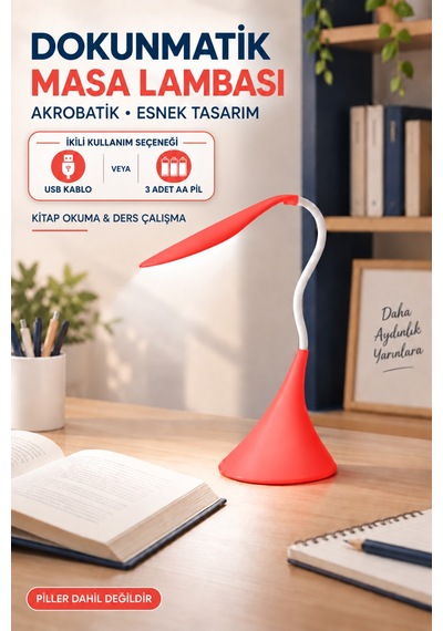 Dokunmatik Led Masa Lambası Dimmerli Esnek Akrobatik Kitap Okuma Ders Çalışma Pilli & Usb Kablolu Kullanım Pembe
