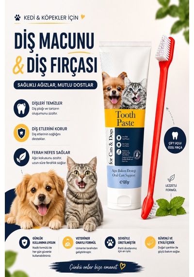 Kedi Ve Köpek Diş Macunu 100 Gr Çift Taraflı Diş Fırçası Ağız Bakım Seti