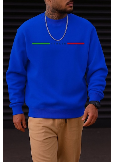 Benroma 3 İplik Penye Italıa Baskılı Unisex Sweatshırt Saks Mavisi