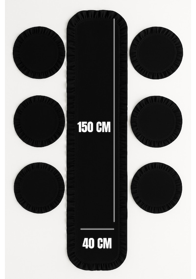 7 Parça Fırfırlı Sofra Sunum Seti 6 Adet Amerikan Servisi Supla + 1 Adet Fırfırlı Runner - 40x150 Cm Siyah