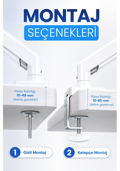 Tek Kollu Monitör Kolu Vesa Uyumlu Hareket Ayarlanabilir Monitör Standı 17-32" 9kg Kapasite Beyaz