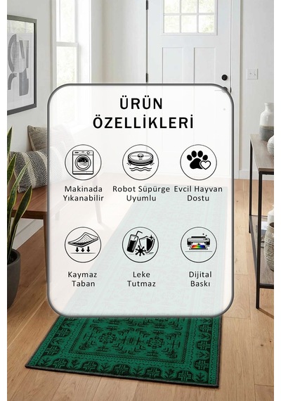 Zümrüt Yıkanabilir Yolluk Yeşil