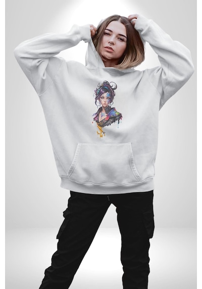 Süper Robot Kız Sulu Boya Kadın Erkek Beyaz Kapüşonlu Sweatshirt Hoodie Beyaz